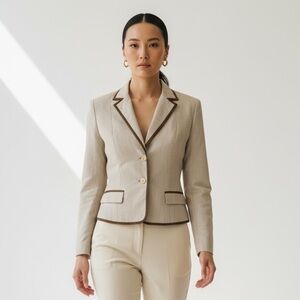 Vintage Suit World Pinstripe Cropped Blazer Beige Brown Trim Hong Kong Tailored